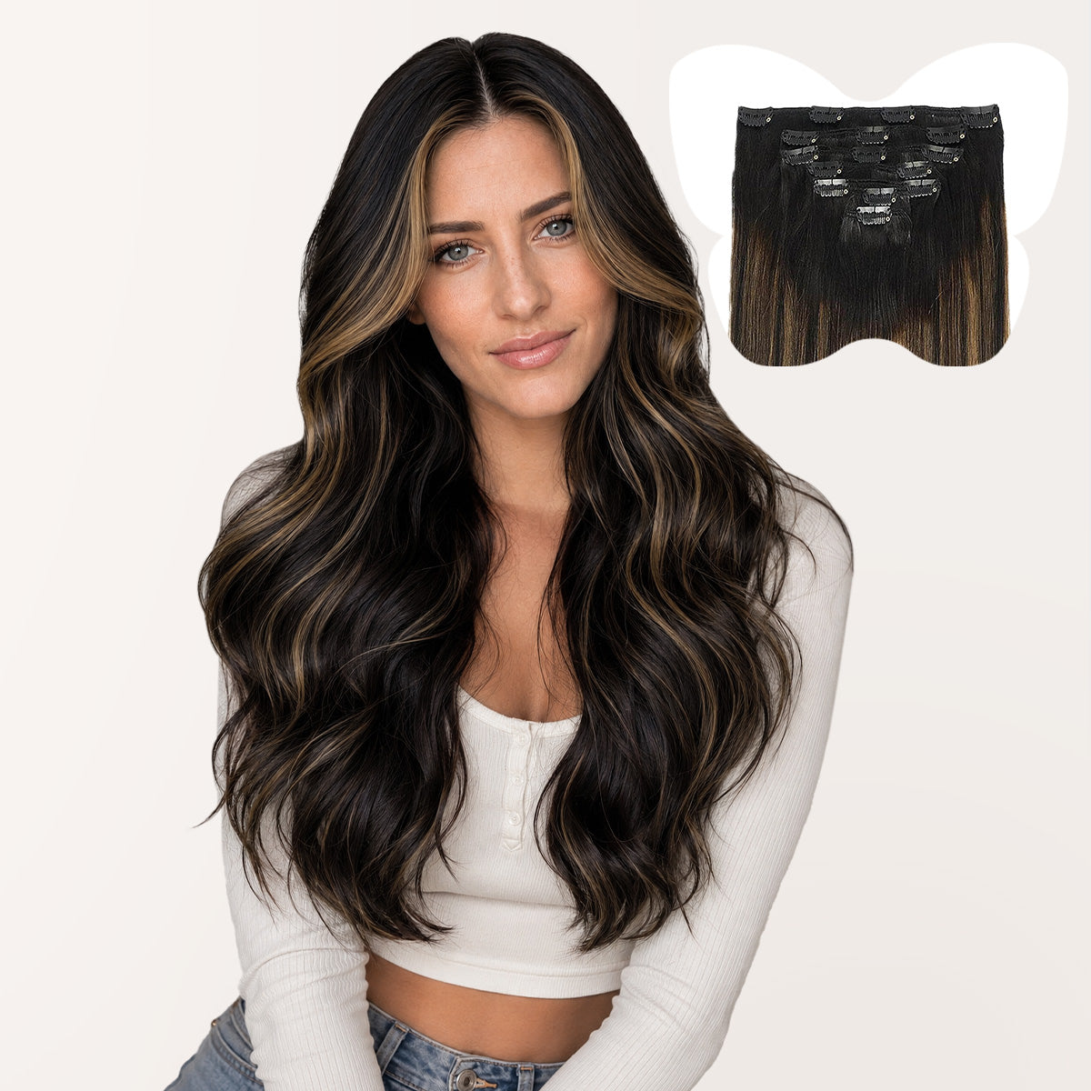 7-Piece Natural Black / Chestnut Brown Balayge (1B/6/1B) Clip in Hair Extensions