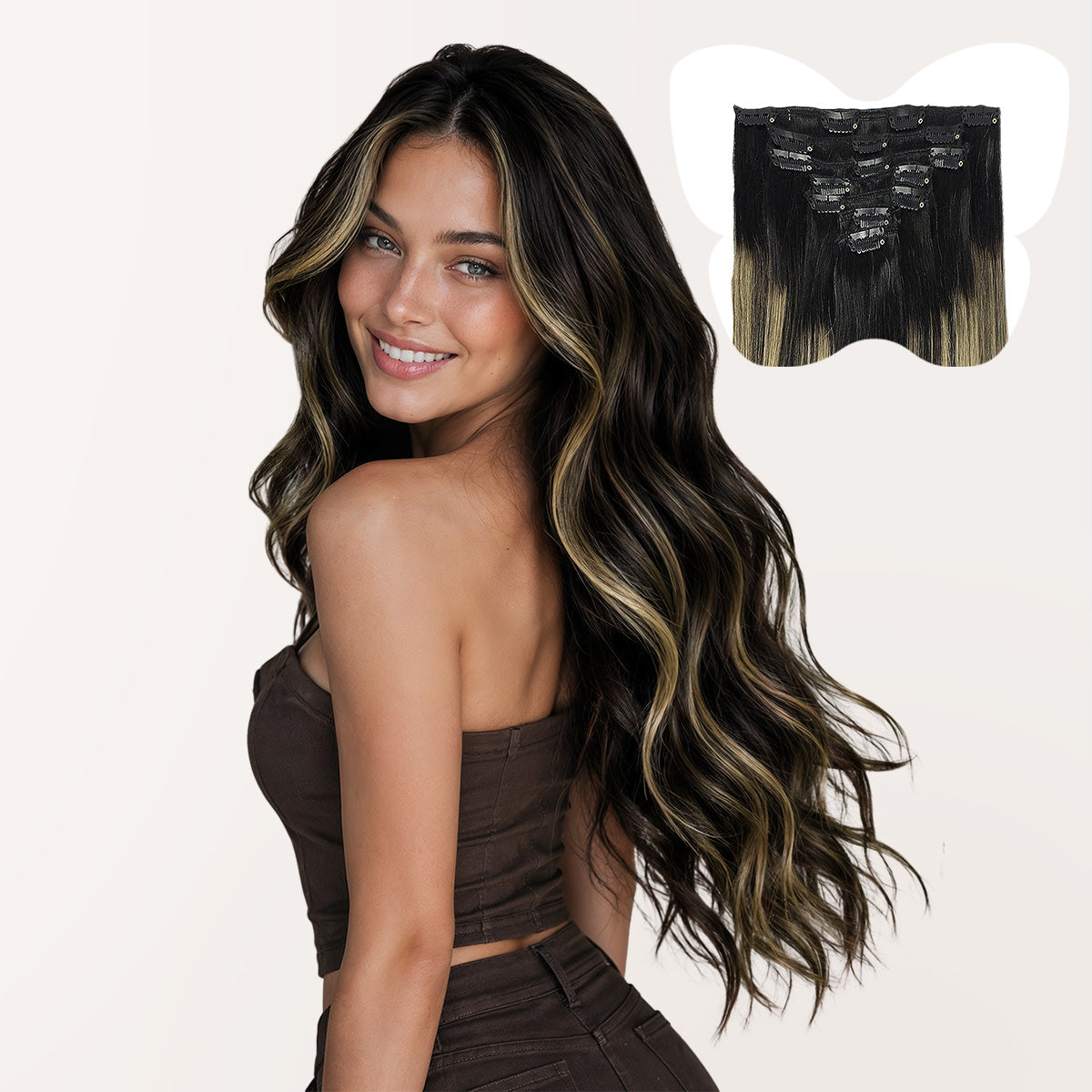 7-Piece Natural Black / Light Blonde Balayage (1B/19/1B) Clip in Hair Extensions