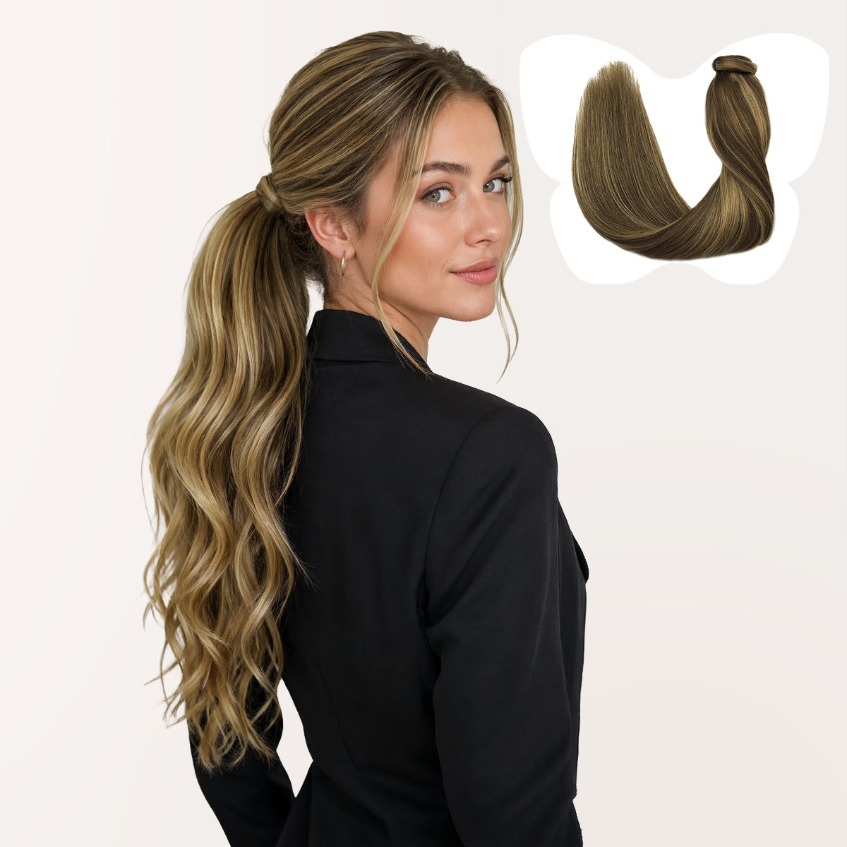 Chocolate Brown / Caramel Blonde Highlights (4/27) Ponytail